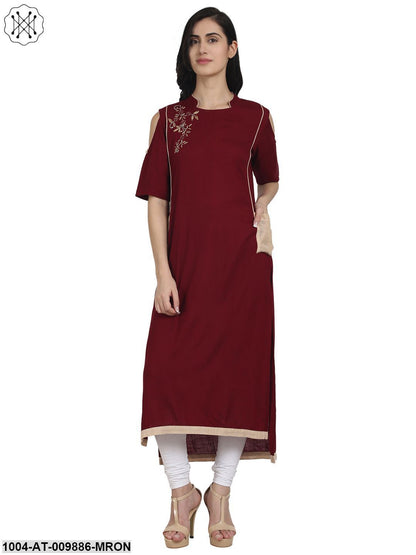 Maroon Cotton Cold Shoulder Half Sleeve Low High Kurta With Embridery Work