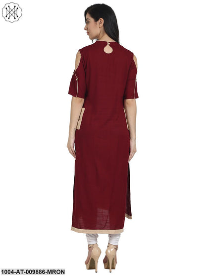 Maroon Cotton Cold Shoulder Half Sleeve Low High Kurta With Embridery Work