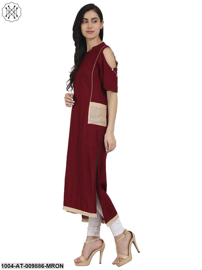 Maroon Cotton Cold Shoulder Half Sleeve Low High Kurta With Embridery Work