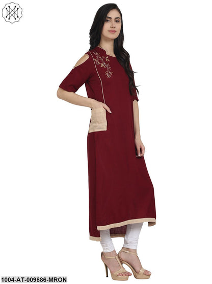 Maroon Cotton Cold Shoulder Half Sleeve Low High Kurta With Embridery Work