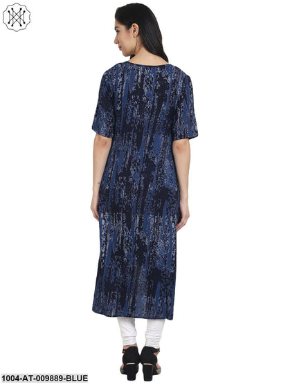 Blue Printed Half Sleeve Cotton Kurta With Front Slit