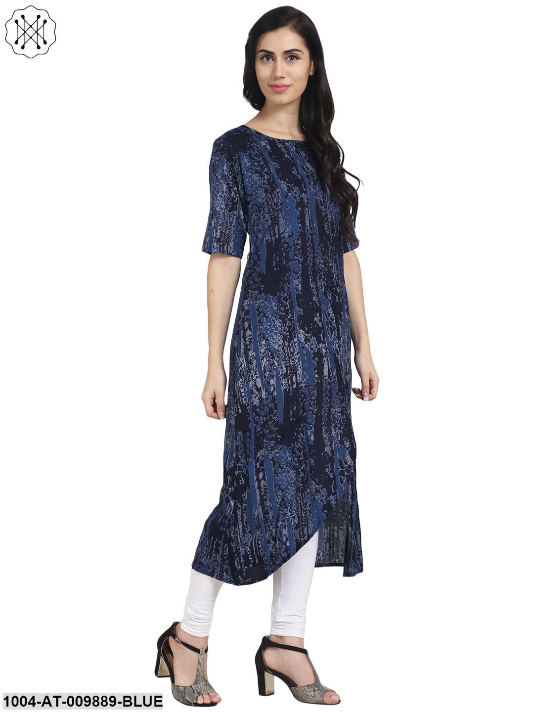 Blue Printed Half Sleeve Cotton Kurta With Front Slit