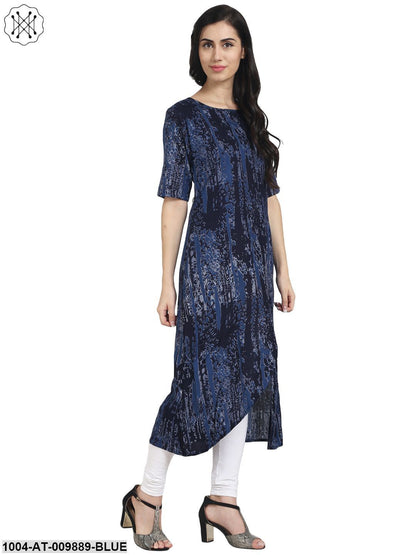 Blue Printed Half Sleeve Cotton Kurta With Front Slit