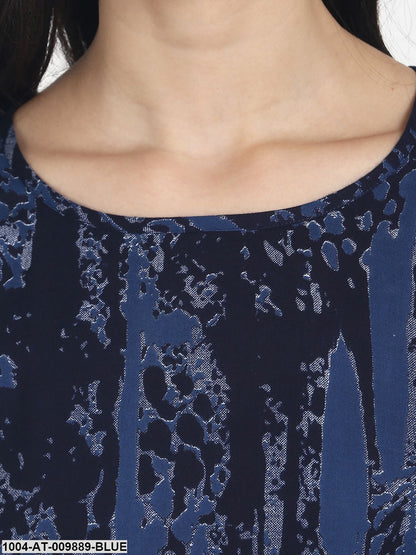 Blue Printed Half Sleeve Cotton Kurta With Front Slit