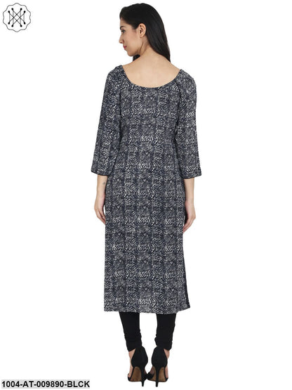 Black Printed 3/4Th Sleeve Rayon Kurta With 1 Pocket