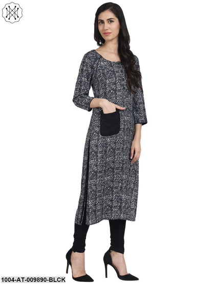 Black Printed 3/4Th Sleeve Rayon Kurta With 1 Pocket