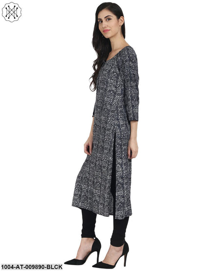 Black Printed 3/4Th Sleeve Rayon Kurta With 1 Pocket