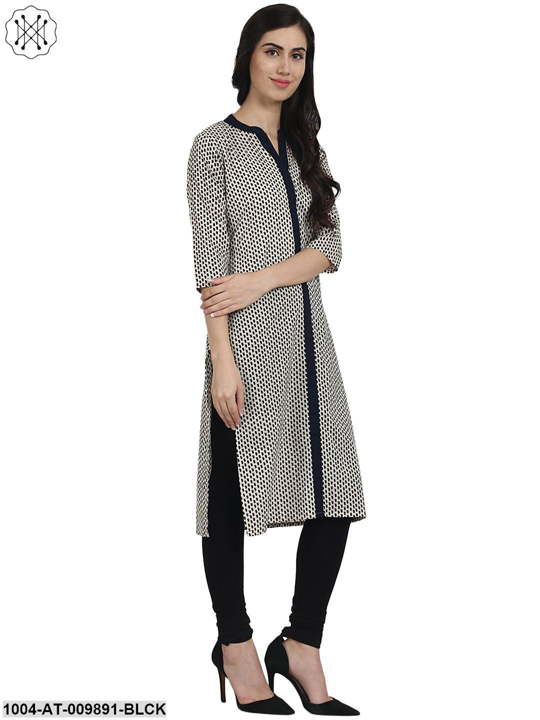 Black Printed 3/4Th Sleeve Cotton Kurta