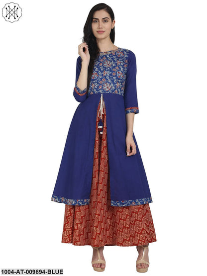 Blue & Red Printed Cotton 3/4Th Sleeve Double Layer Kurta