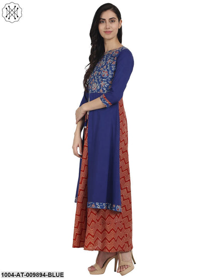 Blue & Red Printed Cotton 3/4Th Sleeve Double Layer Kurta