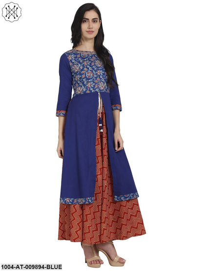Blue & Red Printed Cotton 3/4Th Sleeve Double Layer Kurta