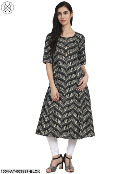 Black Printed Half Sleeve Cotton A-Line Kurta With Front Pocket