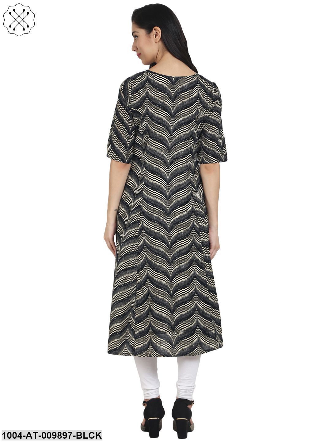Black Printed Half Sleeve Cotton A-Line Kurta With Front Pocket