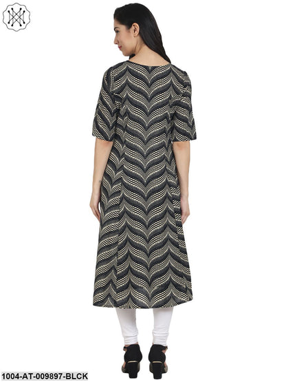 Black Printed Half Sleeve Cotton A-Line Kurta With Front Pocket