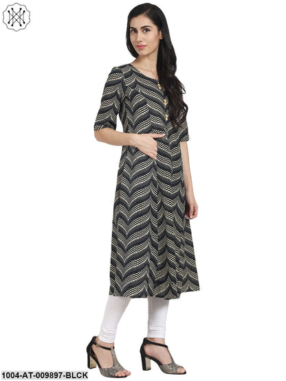 Black Printed Half Sleeve Cotton A-Line Kurta With Front Pocket