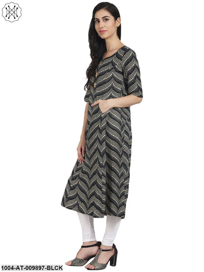 Black Printed Half Sleeve Cotton A-Line Kurta With Front Pocket