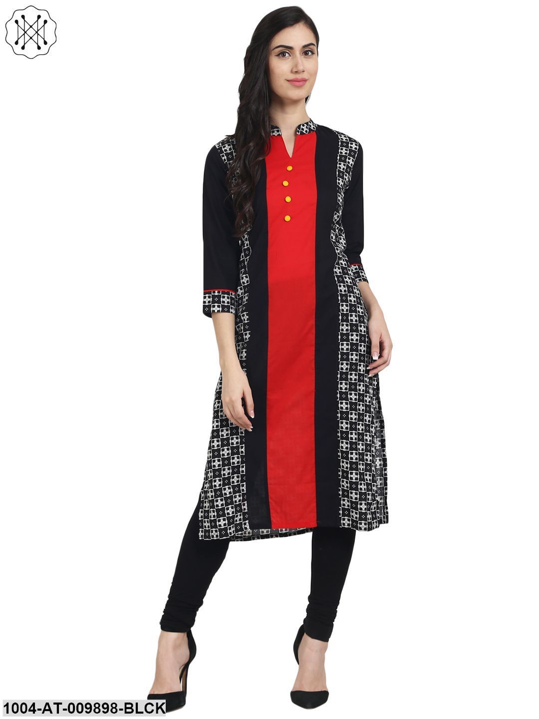 Black Printed 3/4Th Sleeve Cotton Kurta