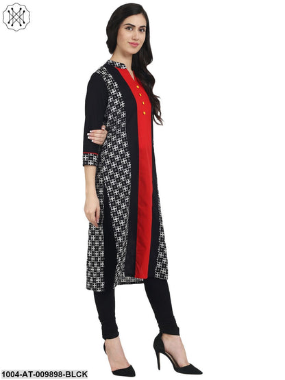 Black Printed 3/4Th Sleeve Cotton Kurta