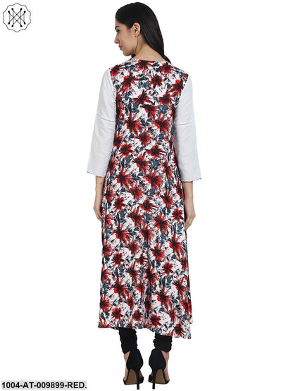 Red Printed 3/4Th Sleeve Rayon Anarkali Kurta