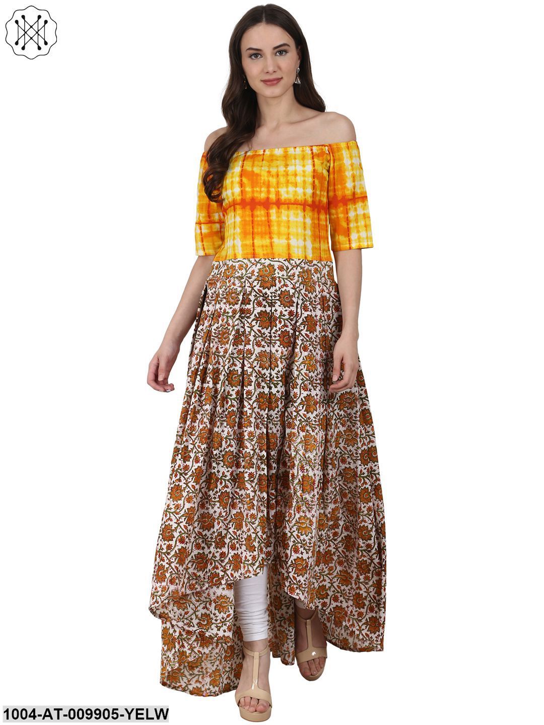 Yellow Printed Drape Shoulder Sleeve Cotton Low High Flared Dress