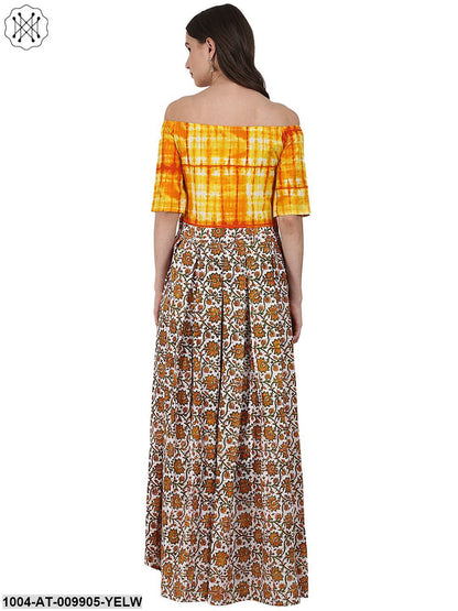 Yellow Printed Drape Shoulder Sleeve Cotton Low High Flared Dress