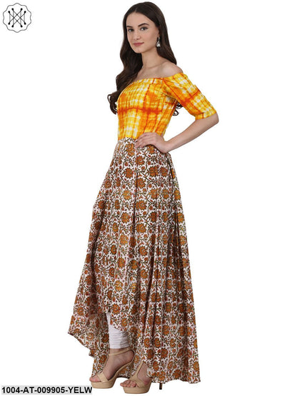 Yellow Printed Drape Shoulder Sleeve Cotton Low High Flared Dress