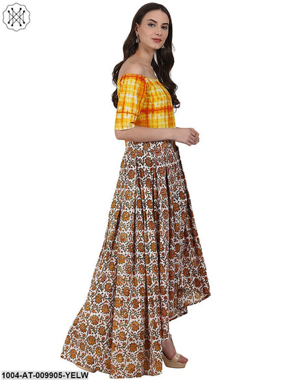 Yellow Printed Drape Shoulder Sleeve Cotton Low High Flared Dress