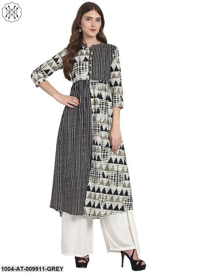Grey Printed 3/4 Sleeve Cotton A-Line Kurta