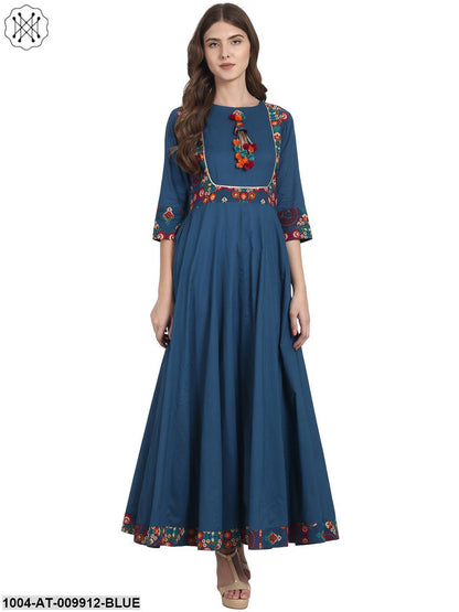 Blue 3/4 Sleeve Cotton Anarkali Kurta With Latkan At Yoke
