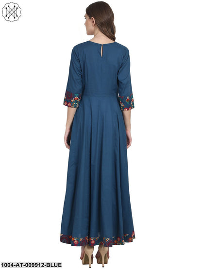 Blue 3/4 Sleeve Cotton Anarkali Kurta With Latkan At Yoke