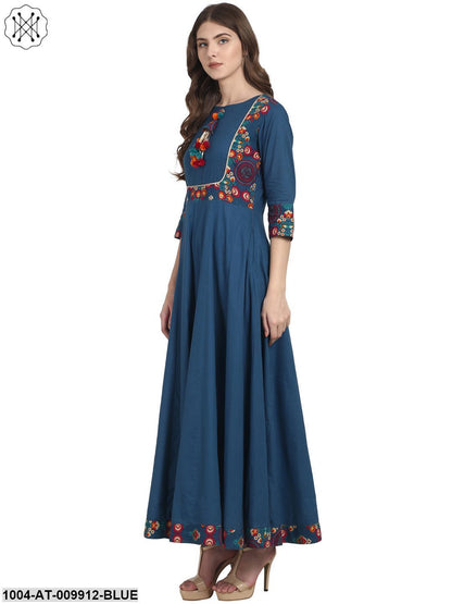 Blue 3/4 Sleeve Cotton Anarkali Kurta With Latkan At Yoke