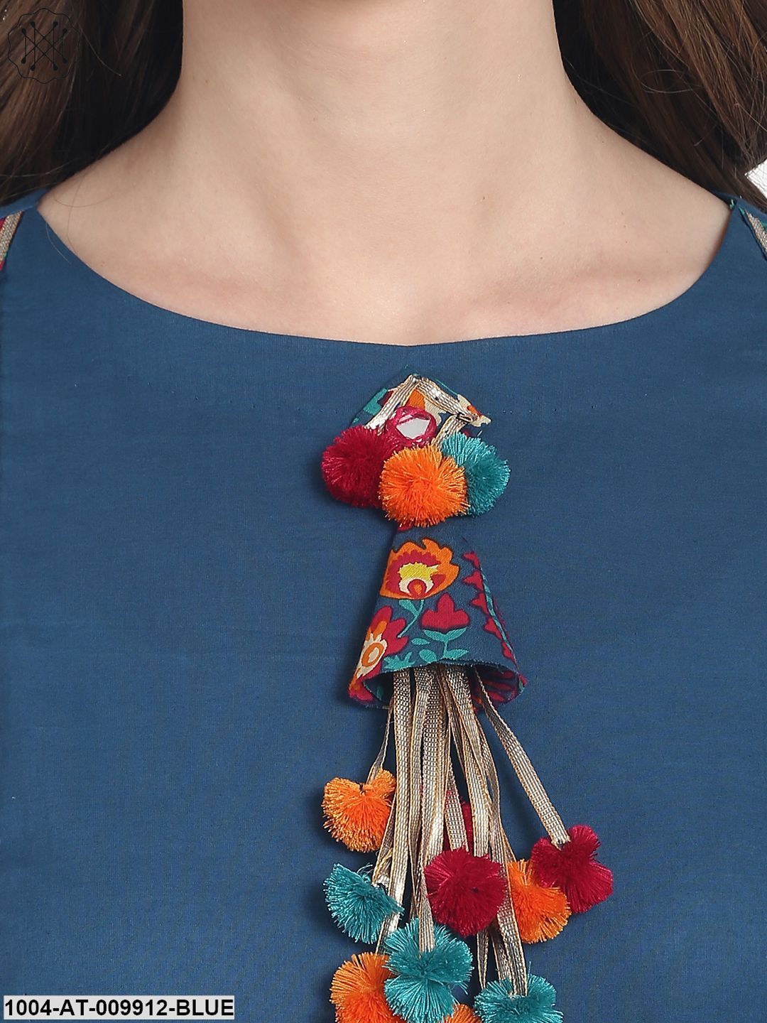 Blue 3/4 Sleeve Cotton Anarkali Kurta With Latkan At Yoke
