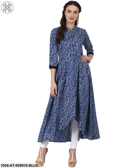 Blue Printed 3/4 Sleeve Cotton Assymetric Anarkali Kurta