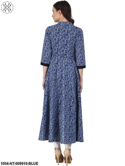 Blue Printed 3/4 Sleeve Cotton Assymetric Anarkali Kurta
