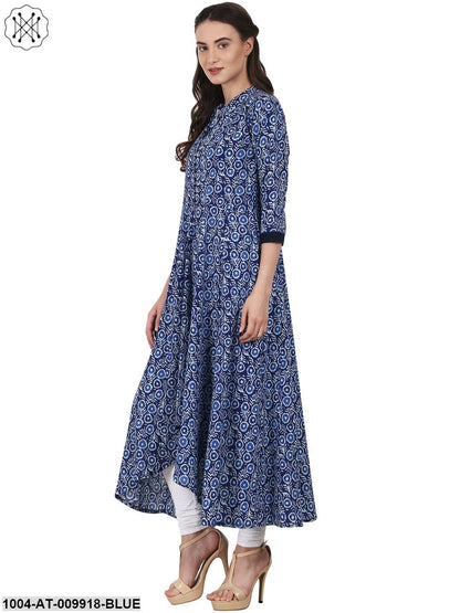 Blue Printed 3/4 Sleeve Cotton Assymetric Anarkali Kurta