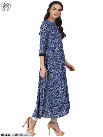 Blue Printed 3/4 Sleeve Cotton Assymetric Anarkali Kurta