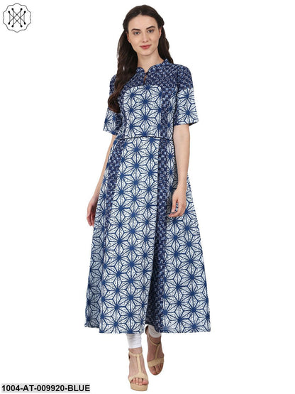 Blue Printed Half Sleeve Cotton Anarkali Kurta