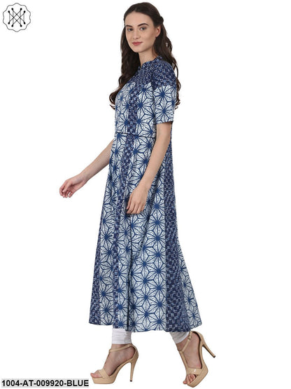 Blue Printed Half Sleeve Cotton Anarkali Kurta