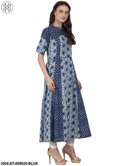 Blue Printed Half Sleeve Cotton Anarkali Kurta