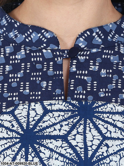 Blue Printed Half Sleeve Cotton Anarkali Kurta