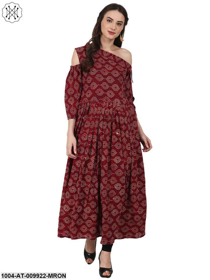 Maroon Printed 3/4 Sleeve Cotton Anarkali Kurta