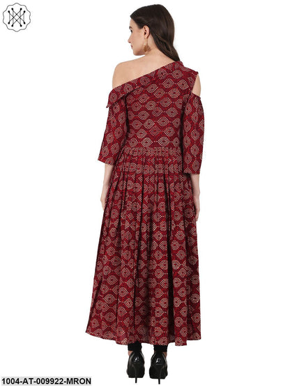 Maroon Printed 3/4 Sleeve Cotton Anarkali Kurta