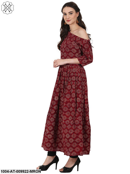 Maroon Printed 3/4 Sleeve Cotton Anarkali Kurta