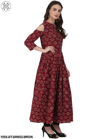 Maroon Printed 3/4 Sleeve Cotton Anarkali Kurta
