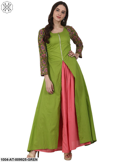 Green 3/4 Sleeve Cotton A-Line Kurta With Front Cut