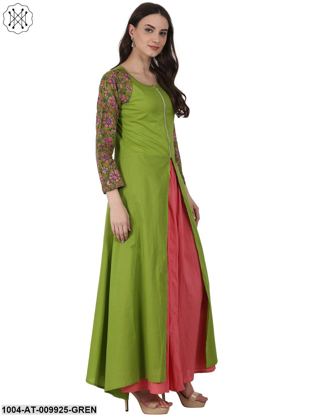Green 3/4 Sleeve Cotton A-Line Kurta With Front Cut