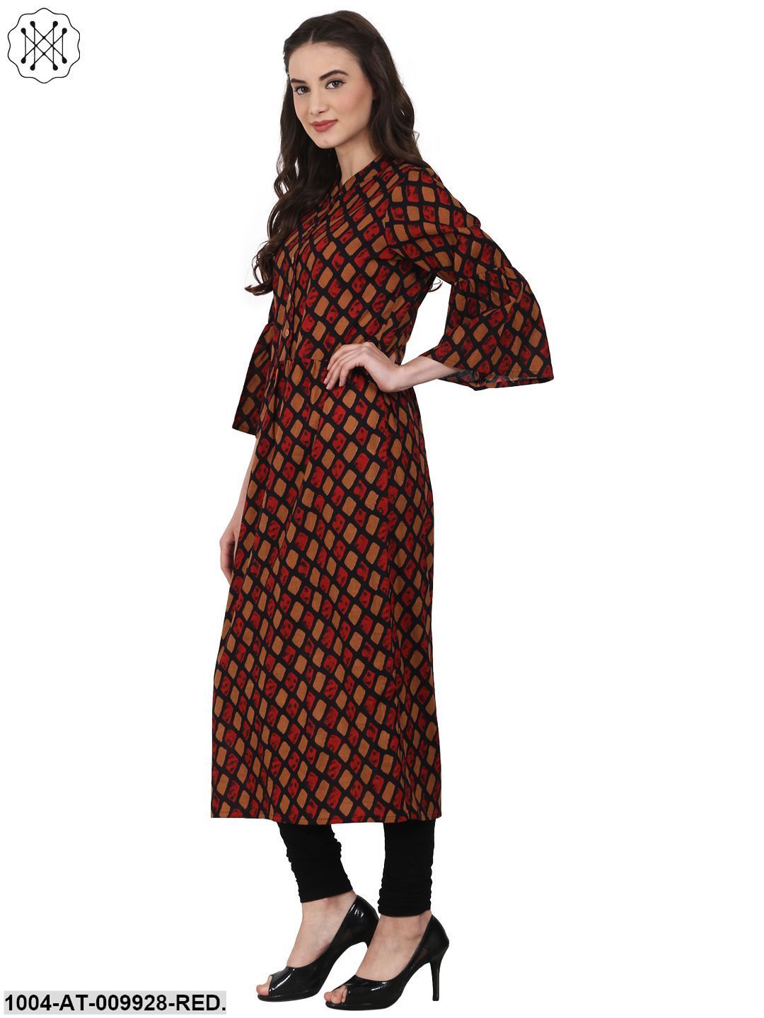 Red Printed 3/4 Sleeve Cotton Kurta