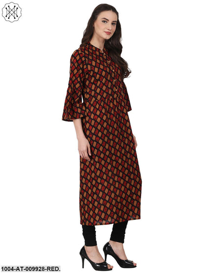 Red Printed 3/4 Sleeve Cotton Kurta