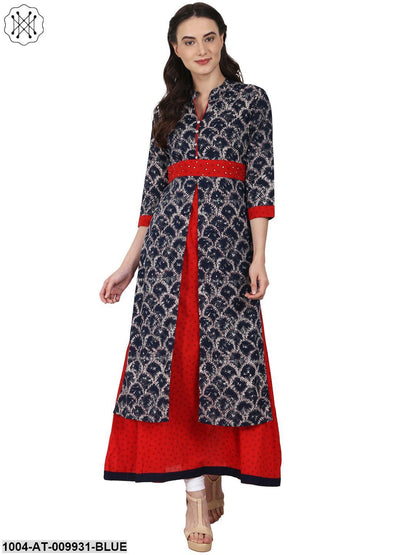 Blue Printed 3/4 Sleeve Double Layer Bottom Cut Cotton Kurta