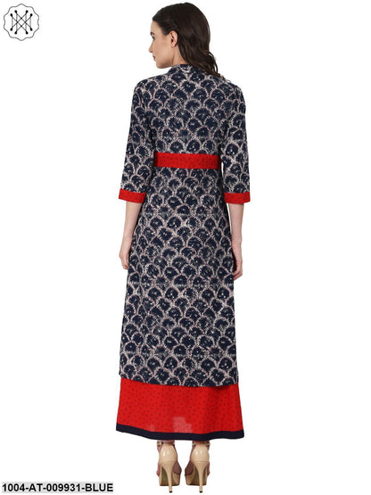 Blue Printed 3/4 Sleeve Double Layer Bottom Cut Cotton Kurta